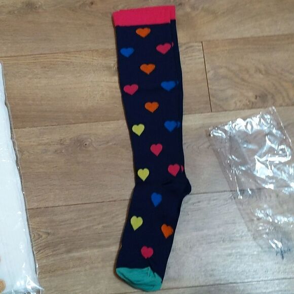 Leg warmers wooden button + colorful hearts compression socks (L/XL) combo NWT - Picture 2 of 9